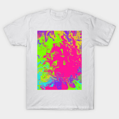 White t-shirt with vibrant abstract rainbow swirl design, casual style, unisex cotton material.