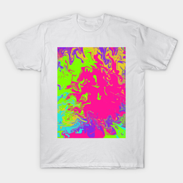 White t-shirt with vibrant abstract rainbow swirl design, casual style, unisex cotton material.