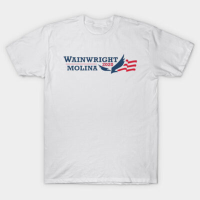White cotton t-shirt with "Wainwright Molina 2020" design, featuring an eagle and flag motif. Casual and comfortable.