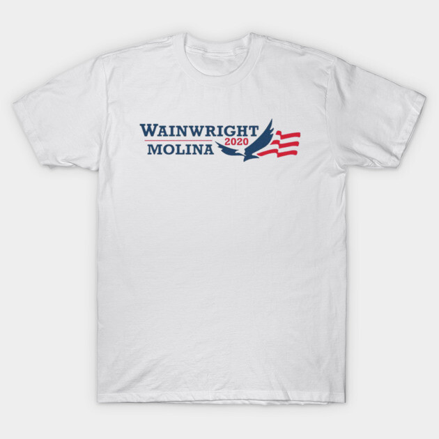 White cotton t-shirt with "Wainwright Molina 2020" design, featuring an eagle and flag motif. Casual and comfortable.