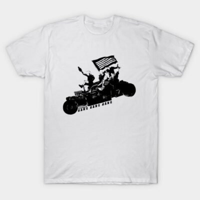 White cotton t-shirt with black vintage motorcycle print, featuring flag and riders, casual wear, unisex style.