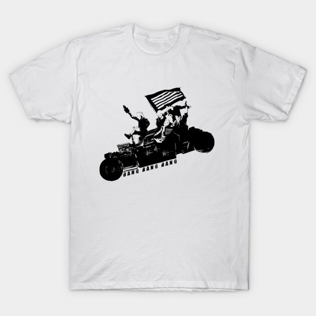 White cotton t-shirt with black vintage motorcycle print, featuring flag and riders, casual wear, unisex style.