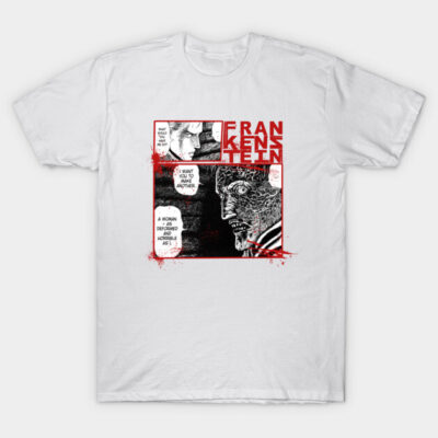 White graphic tee featuring red and black Frankenstein comic design, 100% cotton, casual unisex style.