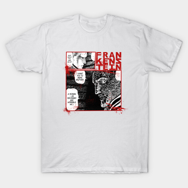 White graphic tee featuring red and black Frankenstein comic design, 100% cotton, casual unisex style.