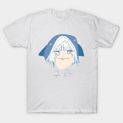 White graphic t-shirt featuring a hand-drawn character with blue hair and hat, ideal for casual wear.
