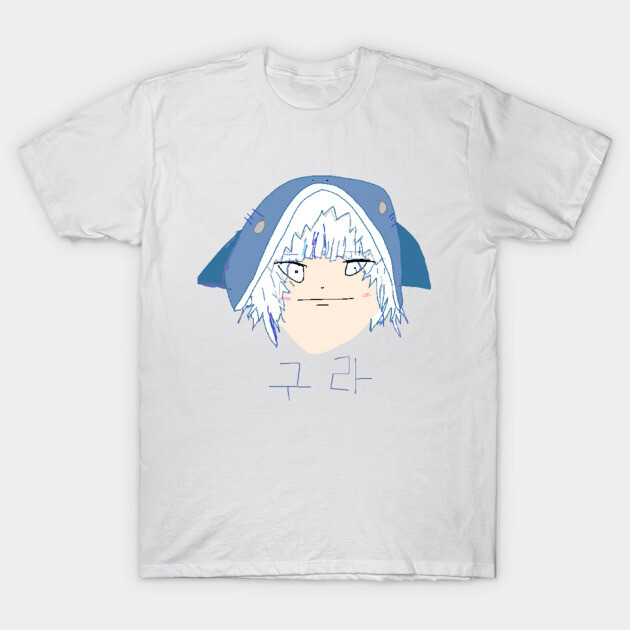 White graphic t-shirt featuring a hand-drawn character with blue hair and hat, ideal for casual wear.