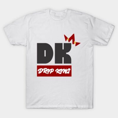 White T-shirt with "DK Drip King" graphic, bold black and red text, casual streetwear style, cotton material.