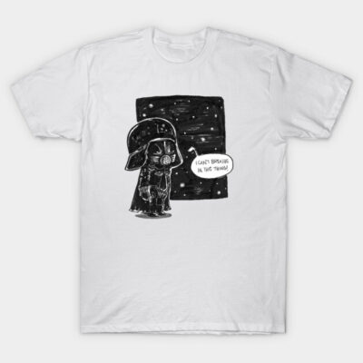 White cotton t-shirt featuring a humorous black and white space-themed cartoon graphic.