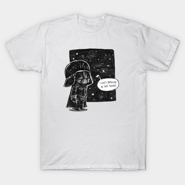 White cotton t-shirt featuring a humorous black and white space-themed cartoon graphic.