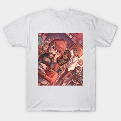White T-shirt featuring colorful anime-style illustration, casual wear, 100% cotton, unisex design.
