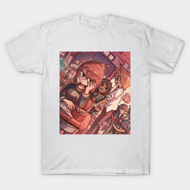 White T-shirt featuring colorful anime-style illustration, casual wear, 100% cotton, unisex design.