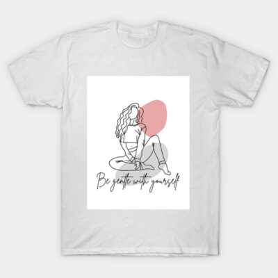 White cotton t-shirt with abstract line art and "Be gentle with yourself" text, casual wear, unisex style.