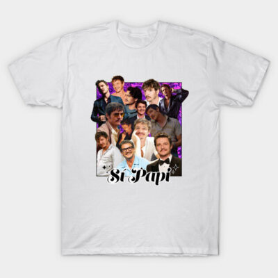 White T-shirt with graphic collage and "Si Papi" text, casual style, cotton material, ideal for everyday wear.