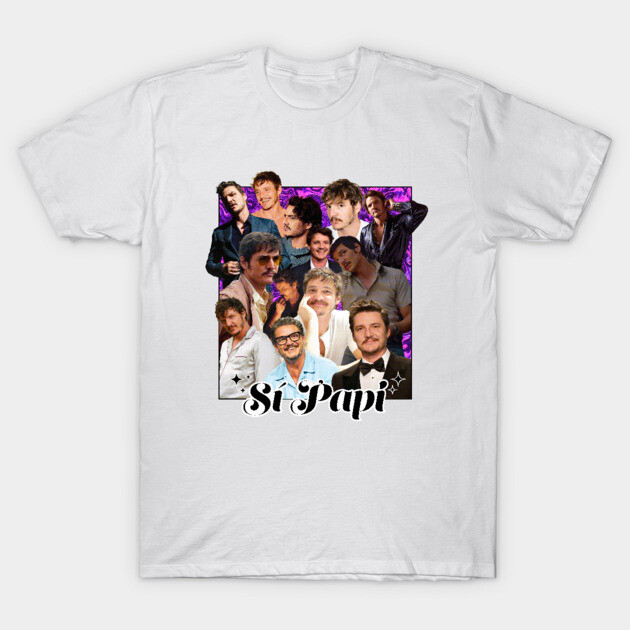 White T-shirt with graphic collage and "Si Papi" text, casual style, cotton material, ideal for everyday wear.