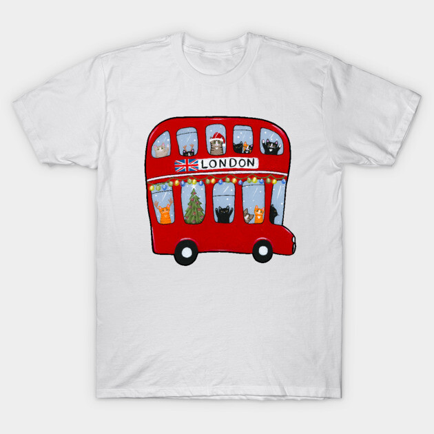 White T-shirt with red London bus graphic featuring cats and holiday theme, perfect for casual wear or gifts.