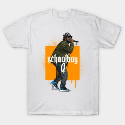 White graphic t-shirt featuring bold orange and black design, perfect for casual wear, made from 100% cotton.