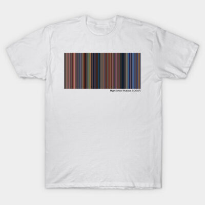 White t-shirt with colorful barcode design, casual style, cotton material, ideal for everyday wear.