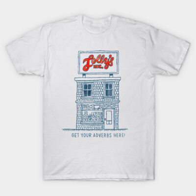 White t-shirt with blue illustrated building and red text, casual style, perfect for everyday wear, cotton material.