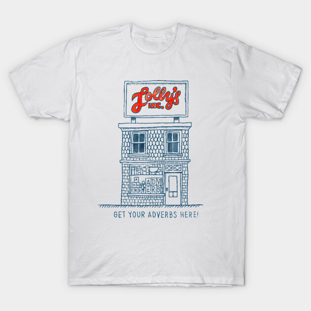 White t-shirt with blue illustrated building and red text, casual style, perfect for everyday wear, cotton material.