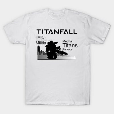 White Titanfall-themed t-shirt featuring black text and silhouette design, ideal for gaming enthusiasts, casual wear.