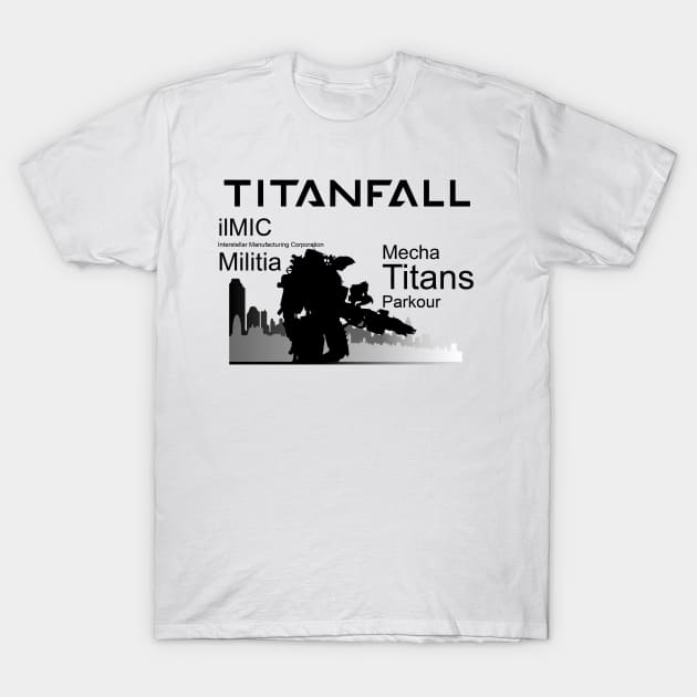 White Titanfall-themed t-shirt featuring black text and silhouette design, ideal for gaming enthusiasts, casual wear.