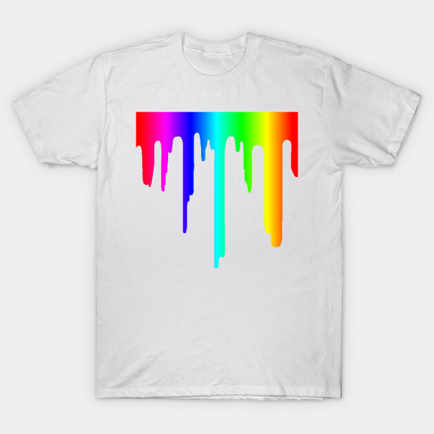 White cotton t-shirt with colorful rainbow drip design, casual style, ideal for everyday wear.