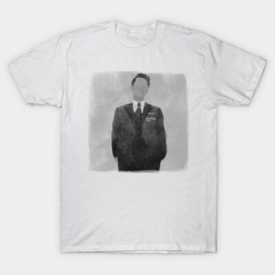 White T-shirt with abstract black suit design, casual wear, soft cotton, unisex style for everyday comfort.