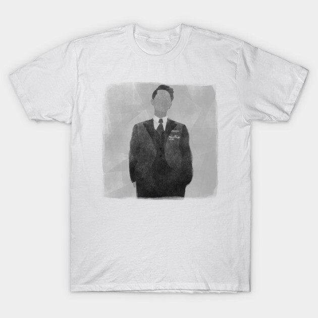 White T-shirt with abstract black suit design, casual wear, soft cotton, unisex style for everyday comfort.