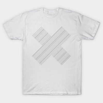 White cotton t-shirt with minimalist diagonal striped X design, casual wear, unisex style, comfortable fit.