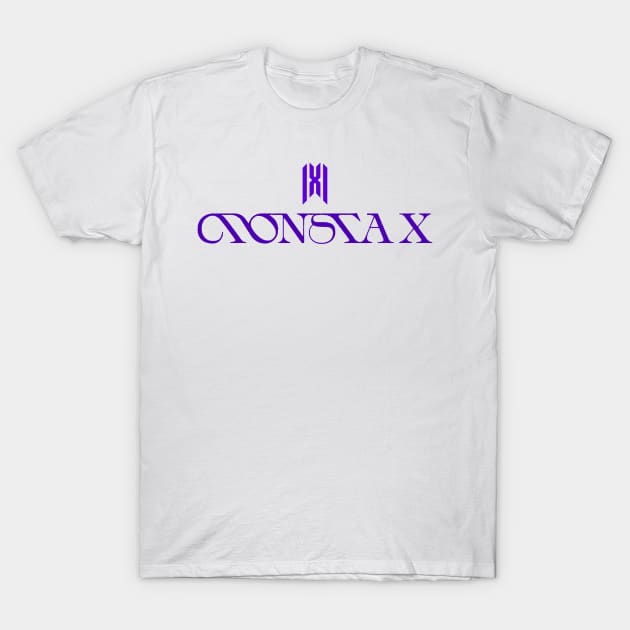 White cotton t-shirt with purple "Monsta X" logo, casual style, perfect for fans and everyday wear.