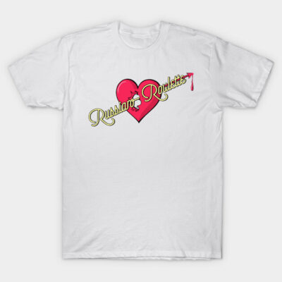 White t-shirt with "Russian Roulette" heart design, graphic tee, cotton, casual wear, unique print, unisex style.