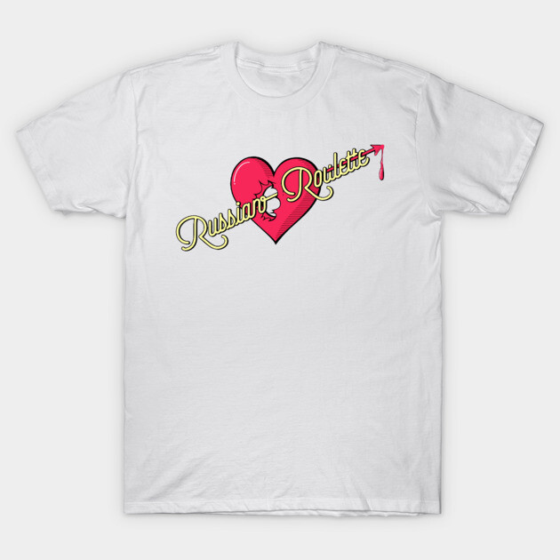 White t-shirt with "Russian Roulette" heart design, graphic tee, cotton, casual wear, unique print, unisex style.