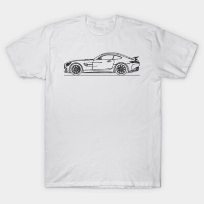 White t-shirt featuring a black line art sports car design, casual wear, cotton fabric, unisex style.