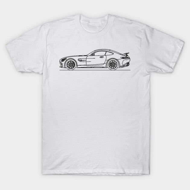 White t-shirt featuring a black line art sports car design, casual wear, cotton fabric, unisex style.