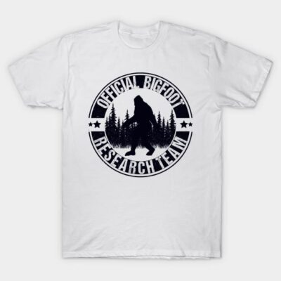 White "Bigfoot Research Team" T-shirt, black print, casual cotton apparel for outdoors and enthusiasts.