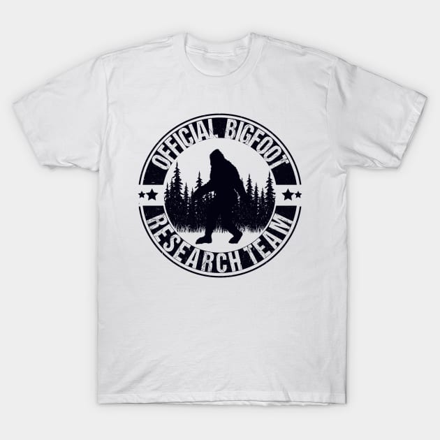 White "Bigfoot Research Team" T-shirt, black print, casual cotton apparel for outdoors and enthusiasts.