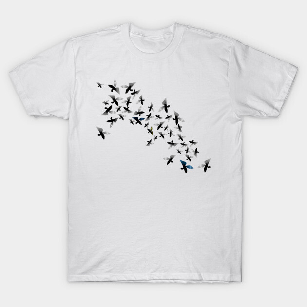 White t-shirt with black and blue bird design, casual style, 100% cotton, suitable for everyday wear.