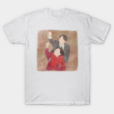 White cotton t-shirt with abstract watercolor design, featuring two figures in vibrant attire, ideal for casual wear.