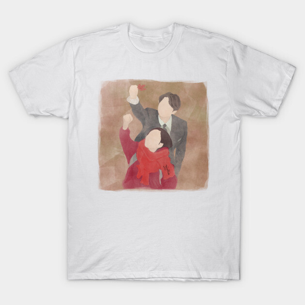 White cotton t-shirt with abstract watercolor design, featuring two figures in vibrant attire, ideal for casual wear.