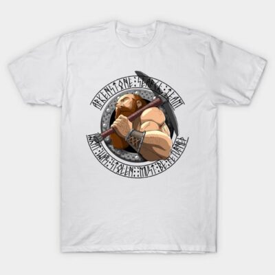 White T-shirt with Viking warrior graphic, runic design, cotton material, casual wear, suitable for fans of Norse themes.