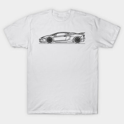 White t-shirt with black sports car sketch, casual style, cotton fabric, perfect for car enthusiasts.