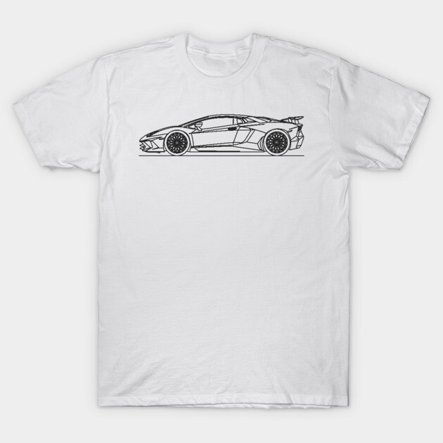 White t-shirt with black sports car sketch, casual style, cotton fabric, perfect for car enthusiasts.