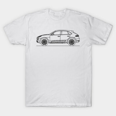 White t-shirt with black car outline design, casual style, 100% cotton, ideal for everyday wear or gifts.