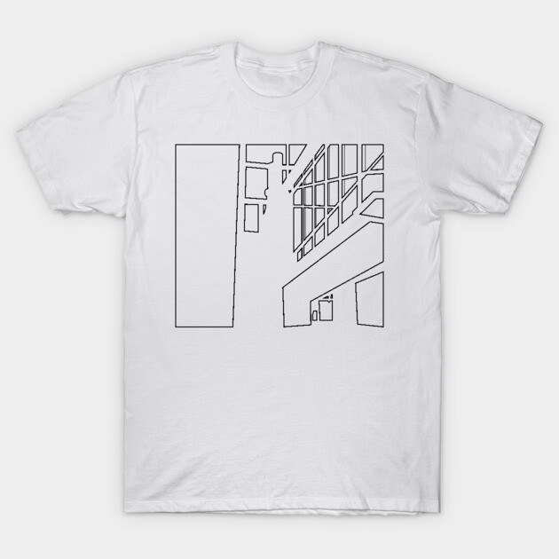White cotton T-shirt with minimalist architectural line art design, casual style, perfect for everyday wear.