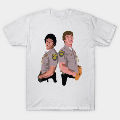 White graphic T-shirt featuring illustrated police officers, casual style, soft cotton material, perfect for everyday wear.