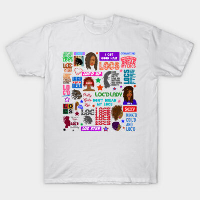 White graphic t-shirt featuring colorful text and illustrations celebrating natural hairstyles, casual cotton fabric.