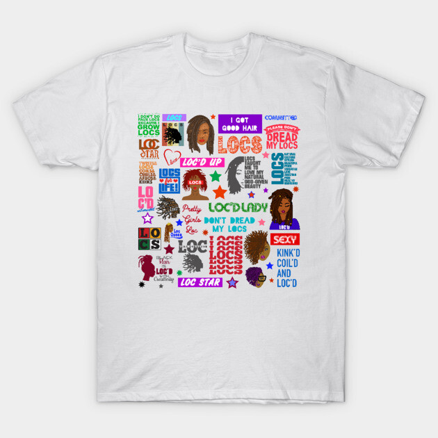 White graphic t-shirt featuring colorful text and illustrations celebrating natural hairstyles, casual cotton fabric.