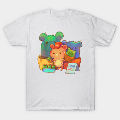White cotton t-shirt with colorful cartoon cactus and animal design, casual wear, unisex style.