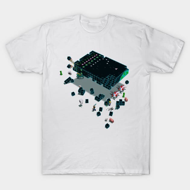 White T-shirt with retro gaming console design, colorful pixel art style, casual wear, cotton material.