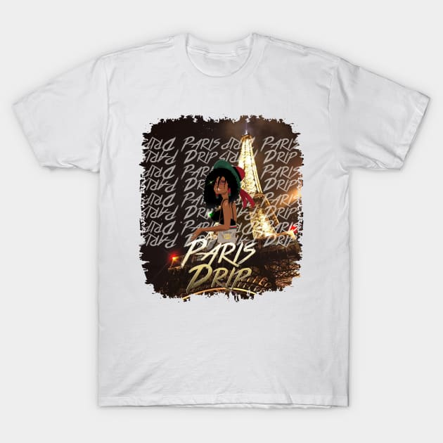 White "Paris Drip" graphic T-shirt with Eiffel Tower design, casual style, 100% cotton, perfect for everyday wear.